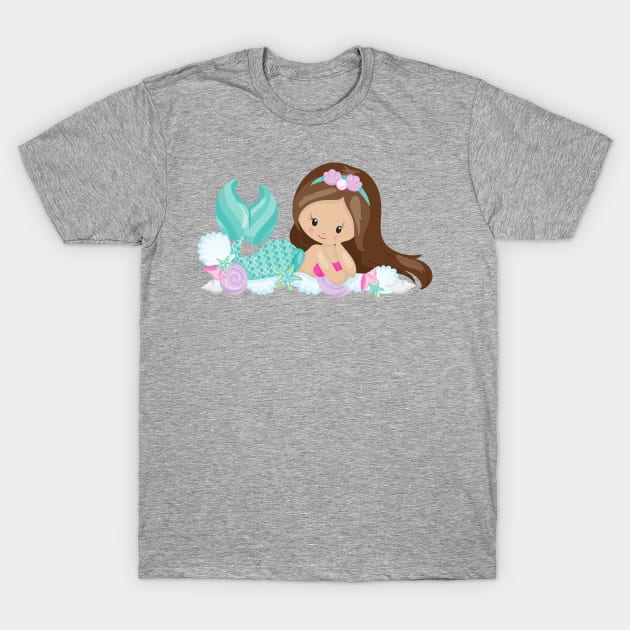 Little Mermaid, Cute Mermaid, Shells, Brown Hair T-Shirt by Jelena Dunčević